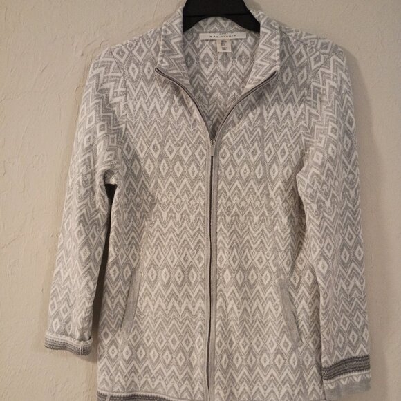 Max Studio Women’s Zip-Up Sweater Jacket – Gray & White Geometric Pattern – Size - Picture 1 of 2